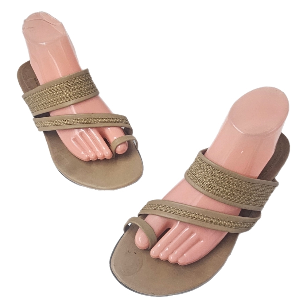 Eric Javits New York Leather Raffia Toe Ring Sandals Italy Womens Size 9.5